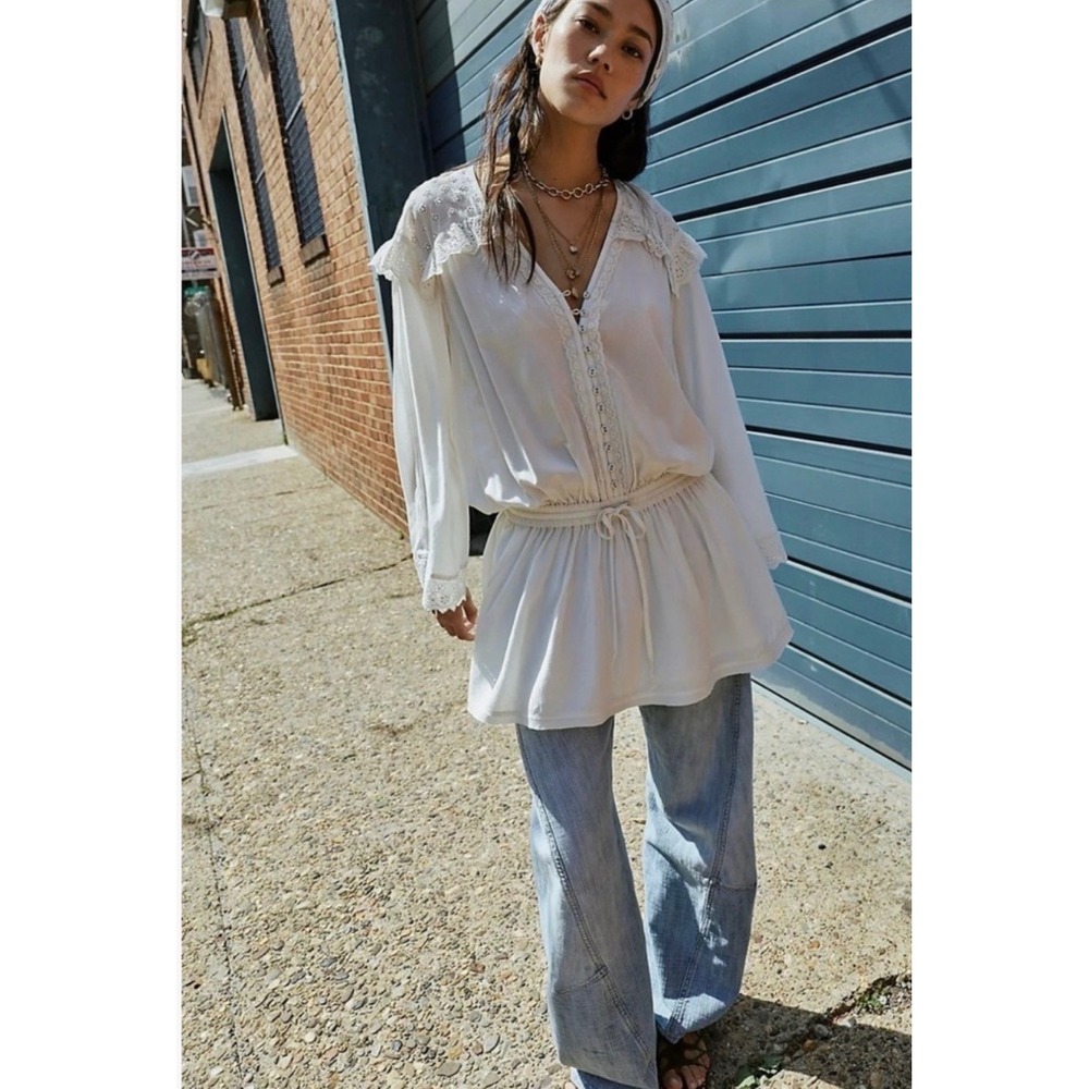 Free People Happy All The Time  Mini Dress airy bohemian ivory lightweight sz S